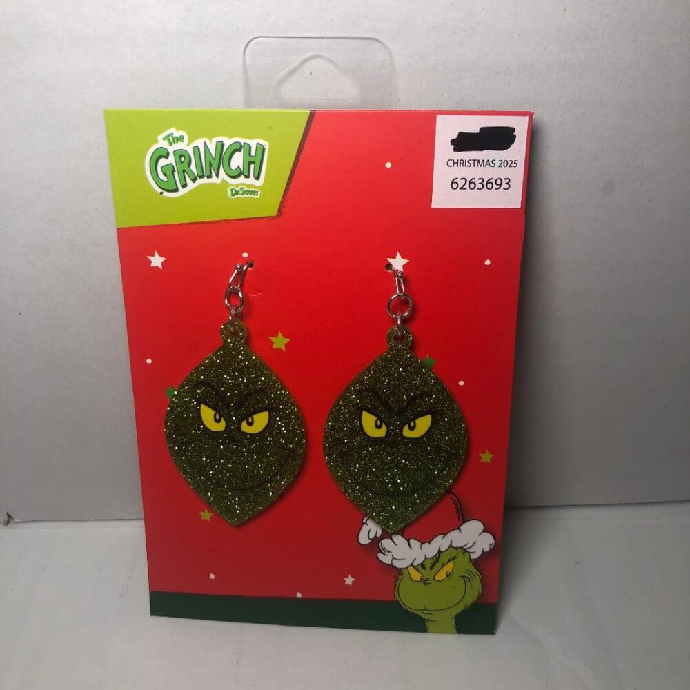 Glittery Grinch Face Earrings Christmas Jewelry